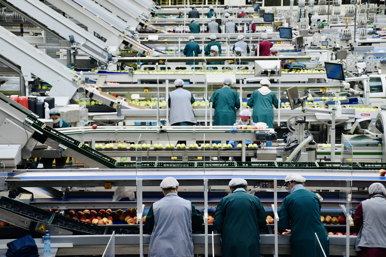 Mitarbeitende an einer Produktionslinie in einer großen Werkshalle
